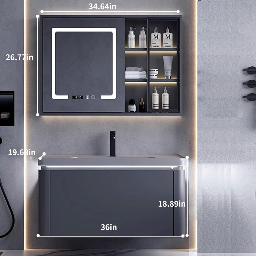 Bathroom Vanity - Modern Bathroom Vanity with Sink Set, Includes Elegant Led Smart Fog Removal Mirror Cabinet (36")