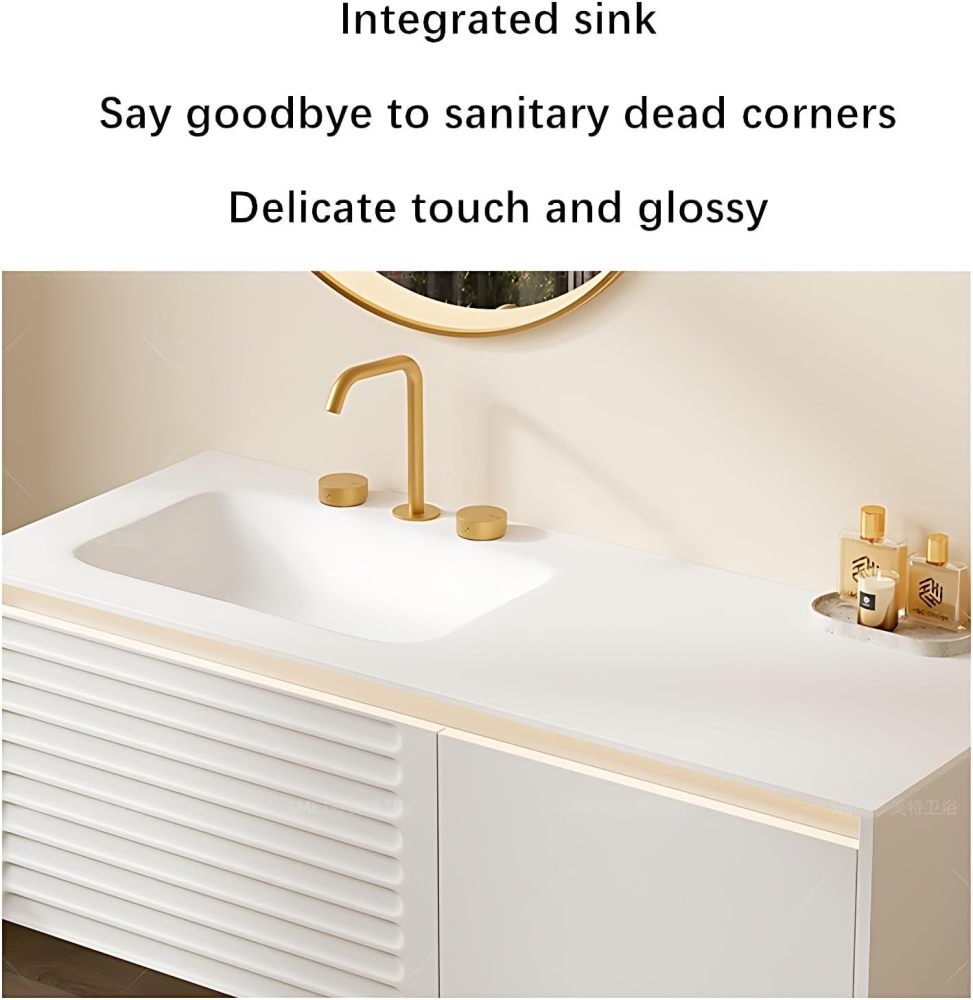 Bathroom Vanity with Sink - Modern Single Sink Floating Bathroom Vanity Cabinet & Defog Mirror Set, Wall-Mounted Installation, for Organized Spaces (Round Mirror, 72")