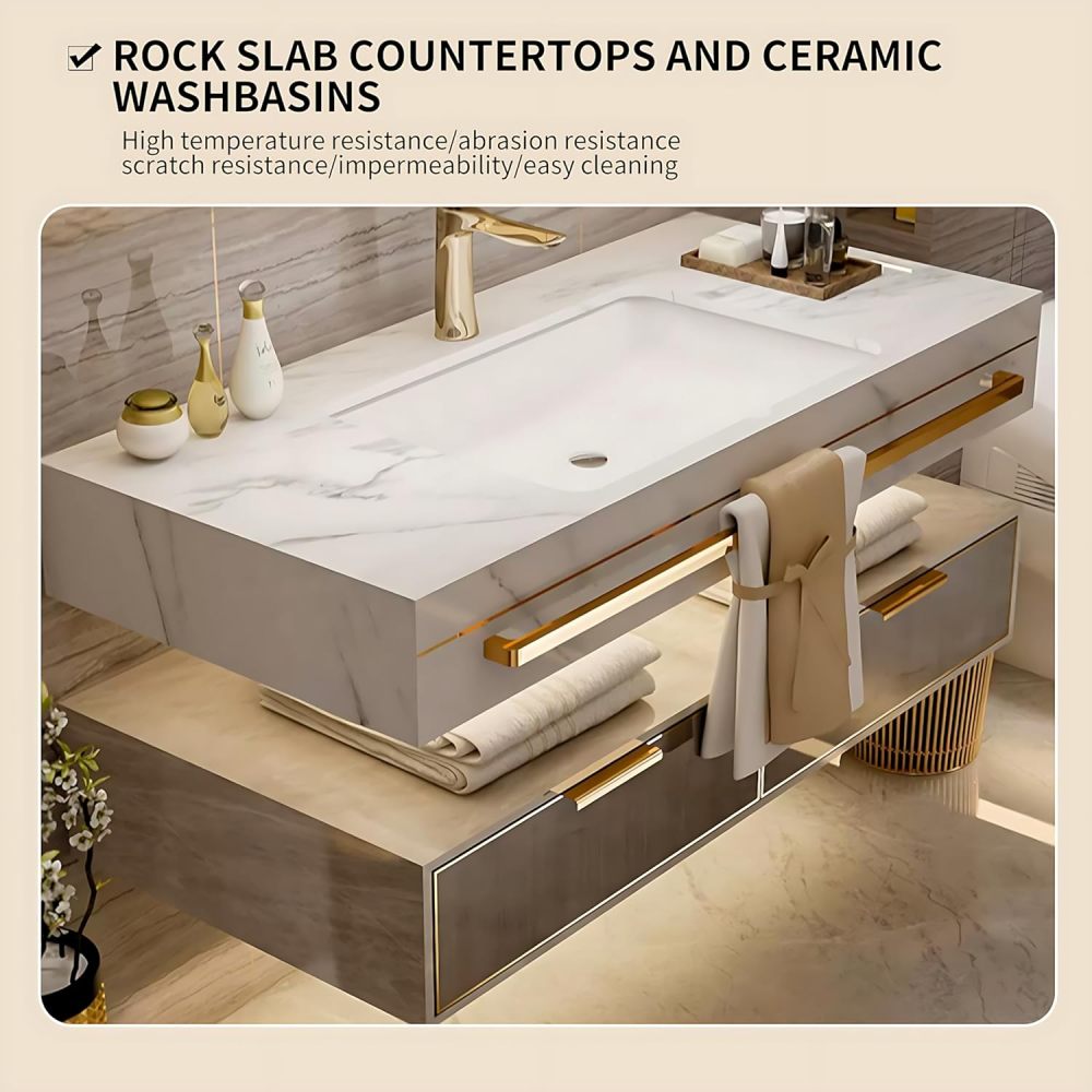 Bathroom Vanity with Sink- Modern Double Sink Floating Bathroom Vanity Cabinet with LED Smart Defogging Mirror Set, Marble Top & Ceramic Sink, Faucet Accessories Included (72")