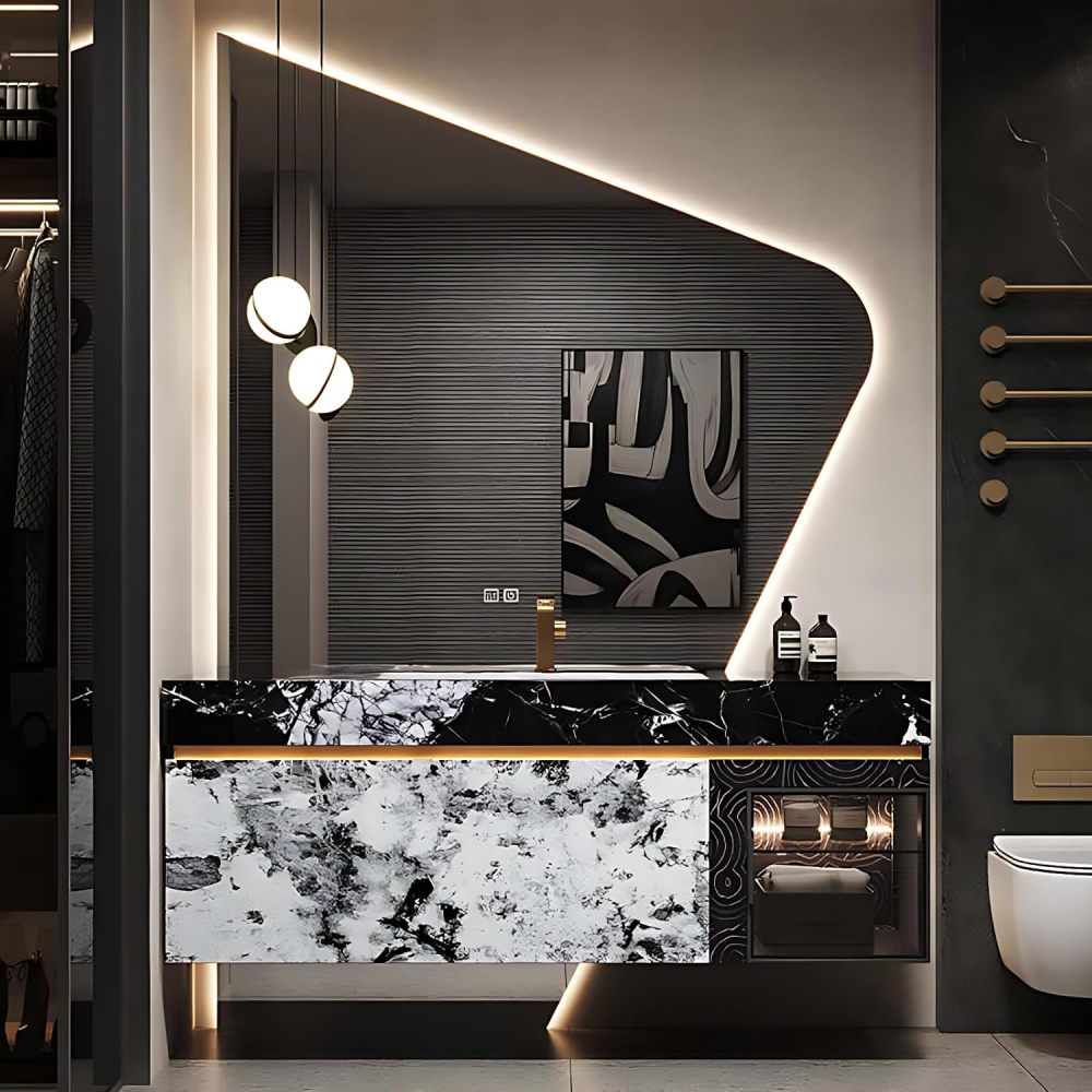 Bathroom Vanity with Sink - Single Sink Bathroom Vanity Cabinet & Smart Defog Mirror Set, Floating Vanity with Large Storage Drawers (Pandora, 80")