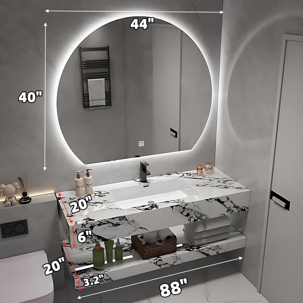 Bathroom Vanity with Sink - Modern Floating Bathroom Vanity Sink Cabinet with Smart Defog Mirror Set, Multi-Layer Solid Wood with Drawers, Wall-Mounted Installation (Black Texture, 88")