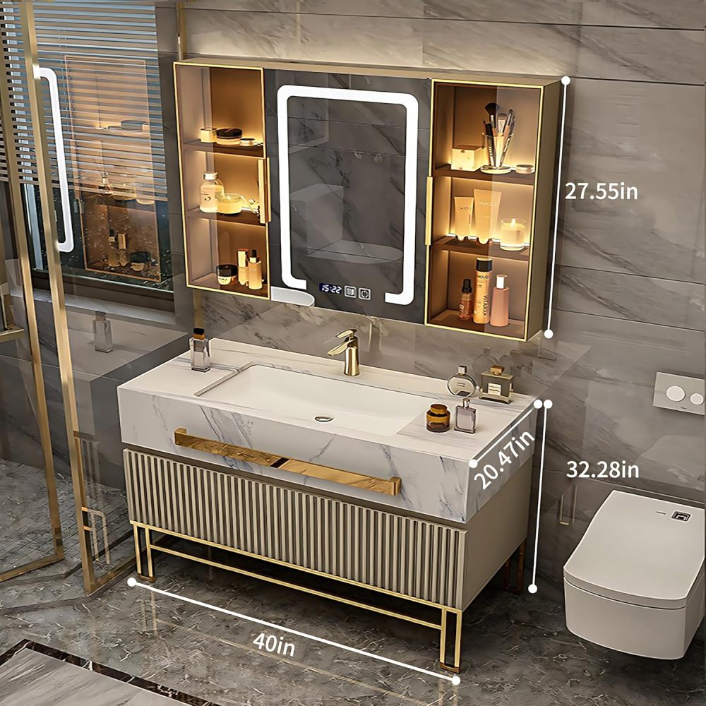 Bathroom Vanity - Bathroom Vanity with Sink, Bathroom Vanities Set Includes Smart Led Fog Removal Lights & Mirror Side Cabinet (40")