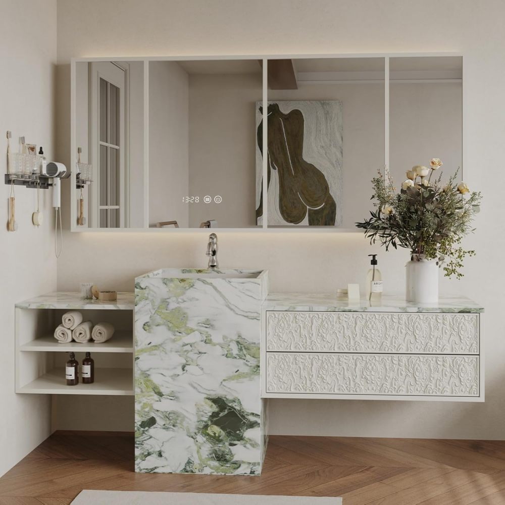 Bathroom Vanity with Sink - Modern Single Pedestal Sink Bathroom Vanity Cabinet with Smart LED Anti-Fog Mirror Set, Freestanding Design for Contemporary Bathrooms (White,44")