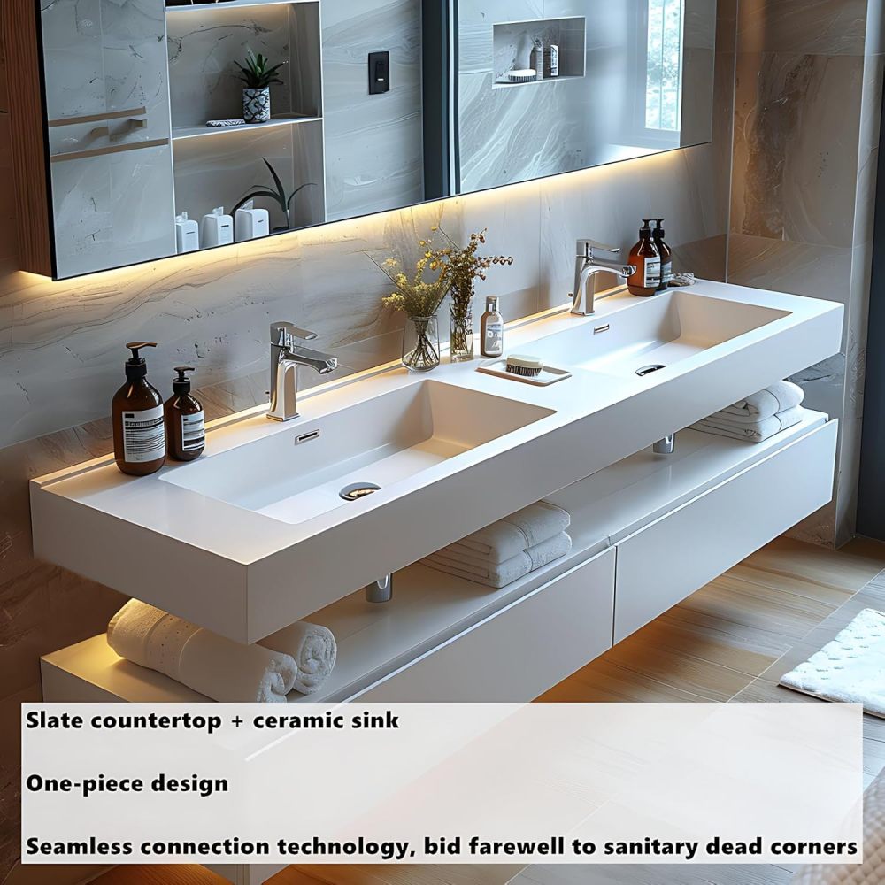 Bathroom Vanity with Sink - Double Sink Bathroom Vanity& Smart defog Function | Wall Mount | Multi-Layer Solid Wood Material | Modern and Stylish Design (White A,68")