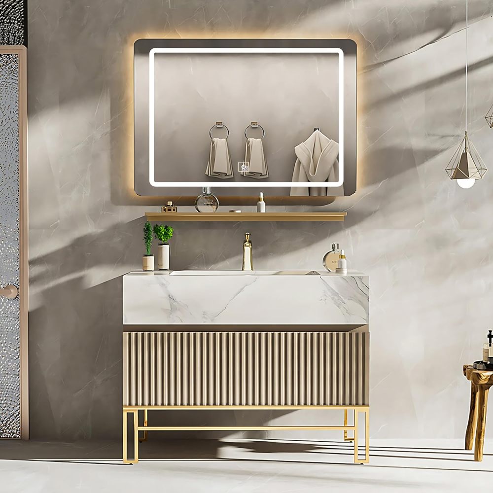 Bathroom Vanity - Simple Bathroom Vanity with Sink, Modern Bathroom Vanities Set Includes Smart Led Fog Removal Lights & Mirror Side Cabinet (40")