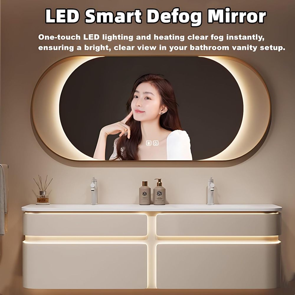 Bathroom Vanity with Sink - Modern Double Sink Bathroom Vanity Cabinet Set, Solid Wood Floating Vanity with Storage & Smart Defogger Mirror (64")