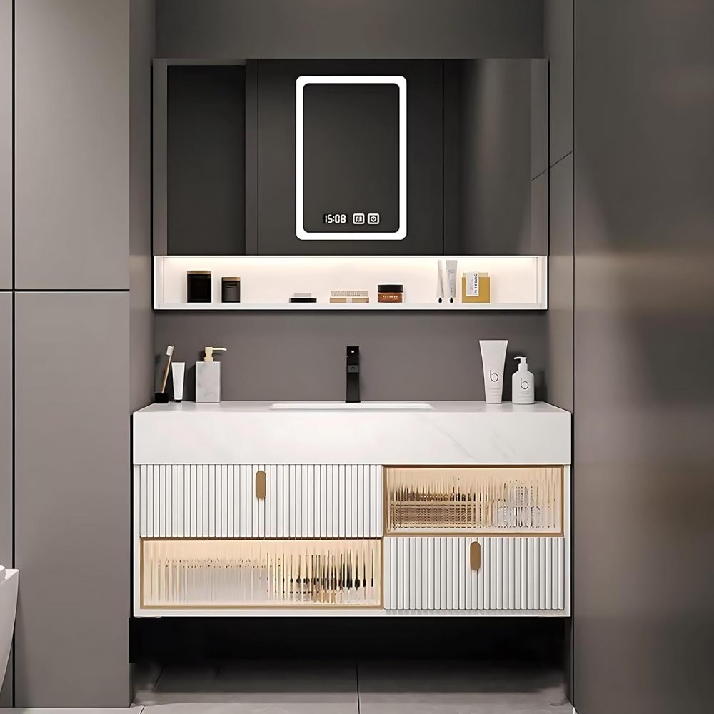 Bathroom Vanity with Sink - Luxury Floating Vanity Set, Modern Bathroom Sink Cabinet & Elegant LED Defogger Mirror Cabinet, Wall Mounted, Equipped with Faucet and Drain Pipe (48")