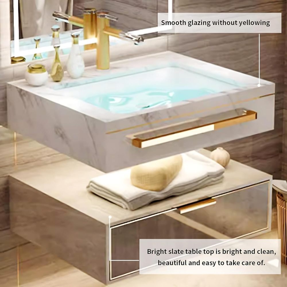 Bathroom Vanity with Sink - Modern Single/Double Sink Floating Bathroom Vanity Cabinet with LED Defog Mirror Set, Faucet Accessories Included (Single Sink,44")