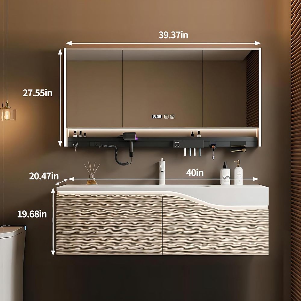 Bathroom Vanity - Elegant Bathroom Vanity with Sink, Floating Vanity Set,Includes Smart Defogging Mirror Cabinet and Multi-Function Shelf (40""), White