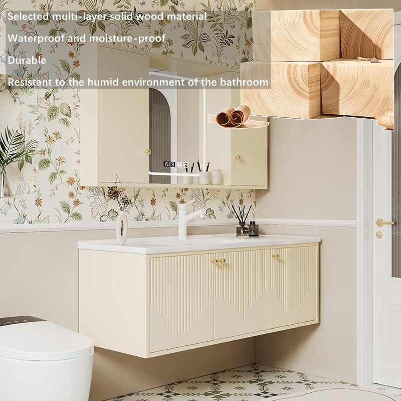 Bathroom Vanity with Sink - Single Sink Floating Bathroom Vanity Cabinet with LED Defog Mirror Cabinet, Wall-Mounted Installation