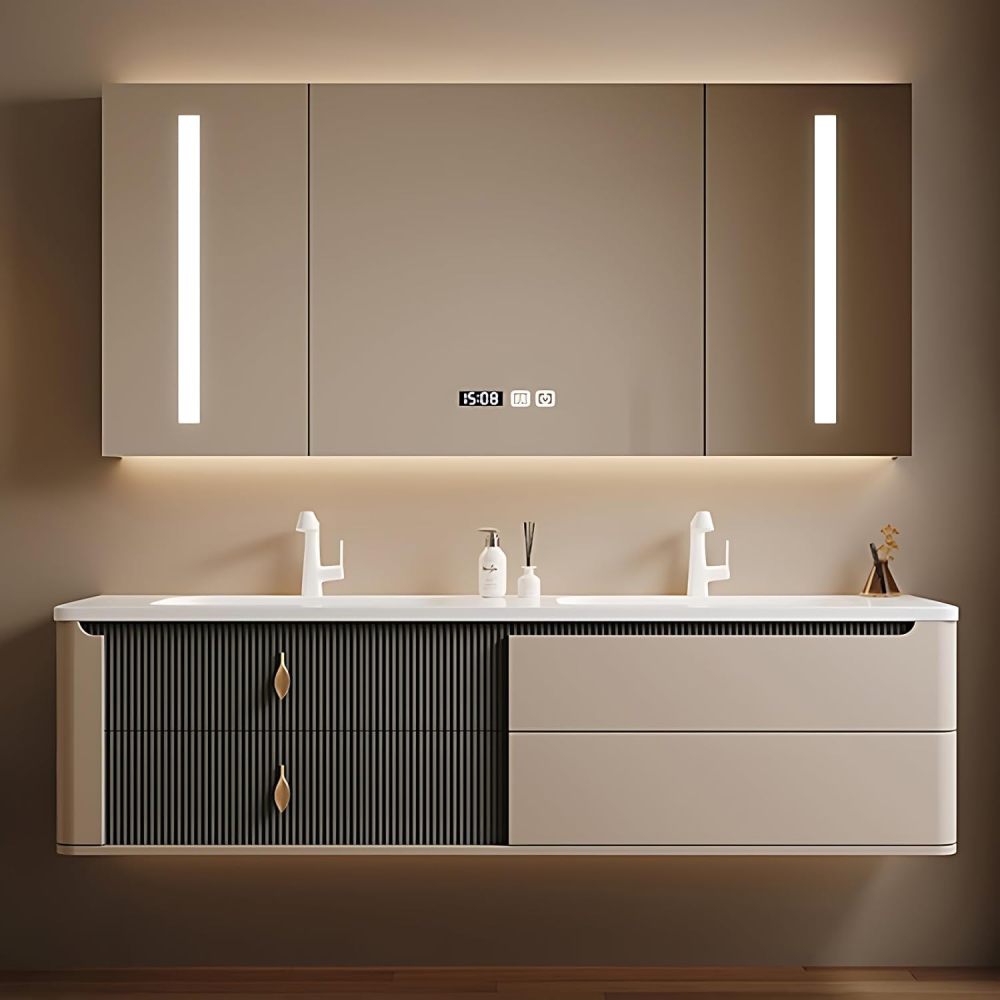 Bathroom Vanity with Sink - Single/Double Sink Bathroom Vanity Cabinet & Smart Defogger Mirror Cabinet Set, Wall-Mounted Floating Vanity (Double Sink 80")