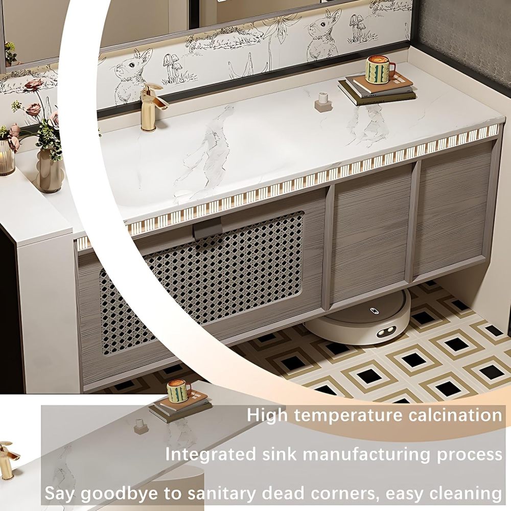 Durable Bathroom Vanity with Sink - Single Sink Bathroom Vanity Cabinet, Solid Wood Floating Vanity Set, Equipped with Intelligent Defogger Mirror Cabinet, Ample Storage (56")