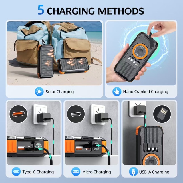 Built in Cable Compass Fast Charging PD22.5W Solar Battery Charger Camping Solar Power Bank 20000mah for Watch Tws Earphone