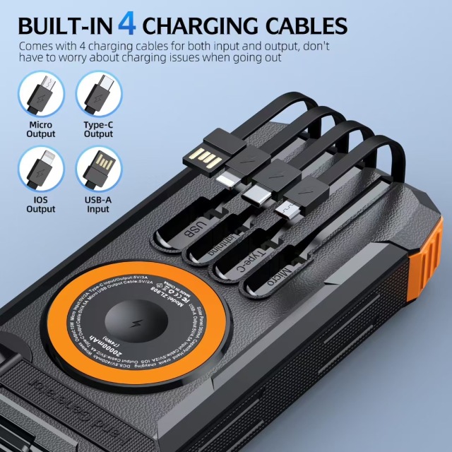 Built in Cable Compass Fast Charging PD22.5W Solar Battery Charger Camping Solar Power Bank 20000mah for Watch Tws Earphone