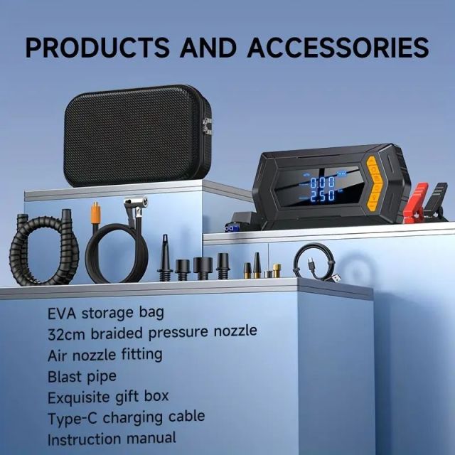 LCD Display Emergency Power Bank Portable Car Jump Starter with Tire Inflator Air Blower