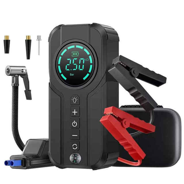 5 in 1 Portable Car Jump Starter 12 Volt Booster with Inflator for Vehicle Battery Cell Phone Charging 5 Volt Adapter