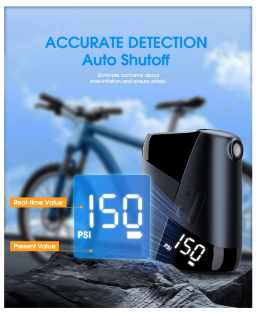 Electric Bike Tire Pump Max 150 PSI Rechargeable 3200mAh Portable Mini Air Pump Plastic Digital Pressure Gauge 10L/min