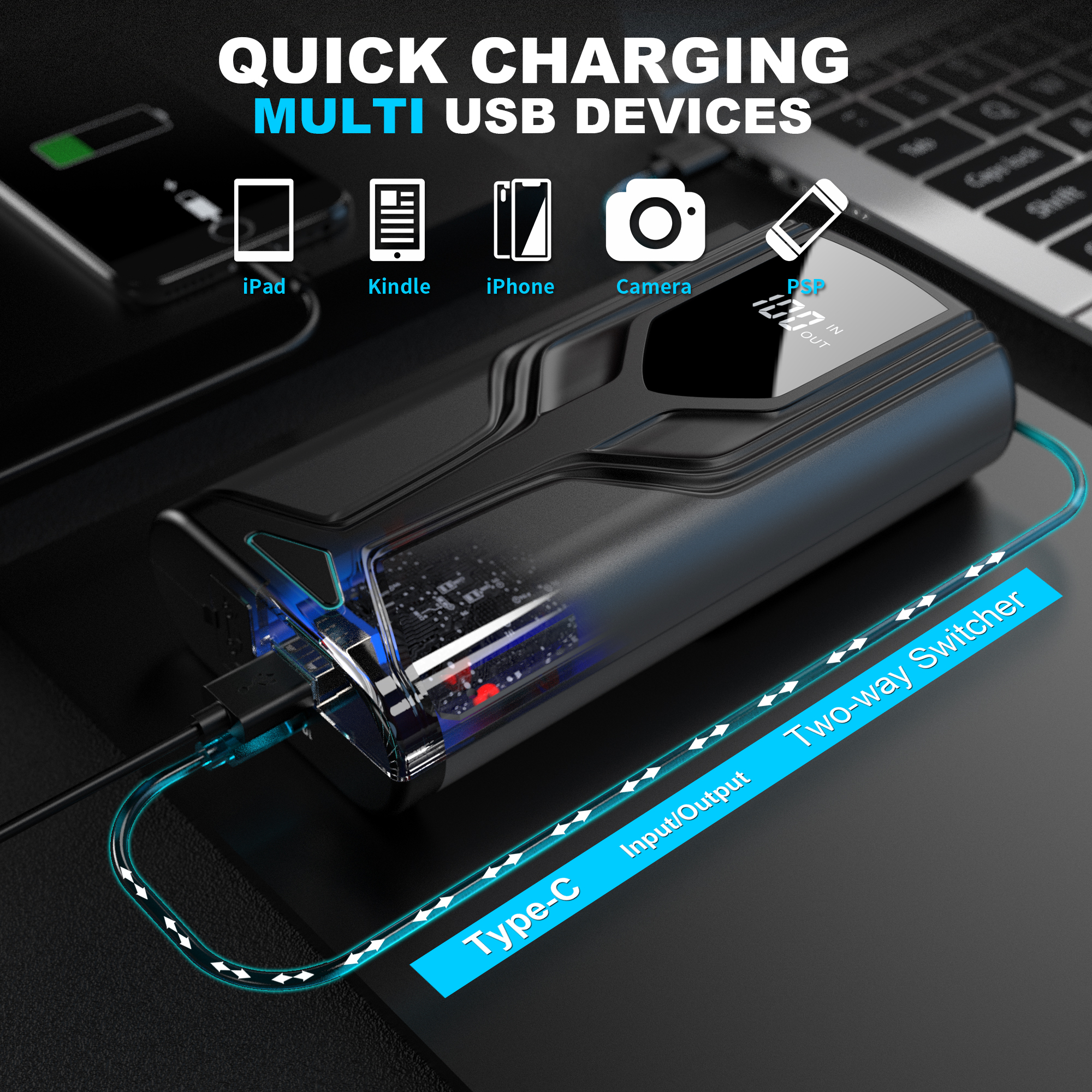 CY62 5-in-1 Car Jump Starter 2000A with 8000mAh Battery, LCD Display & USB-C Fast Charging
