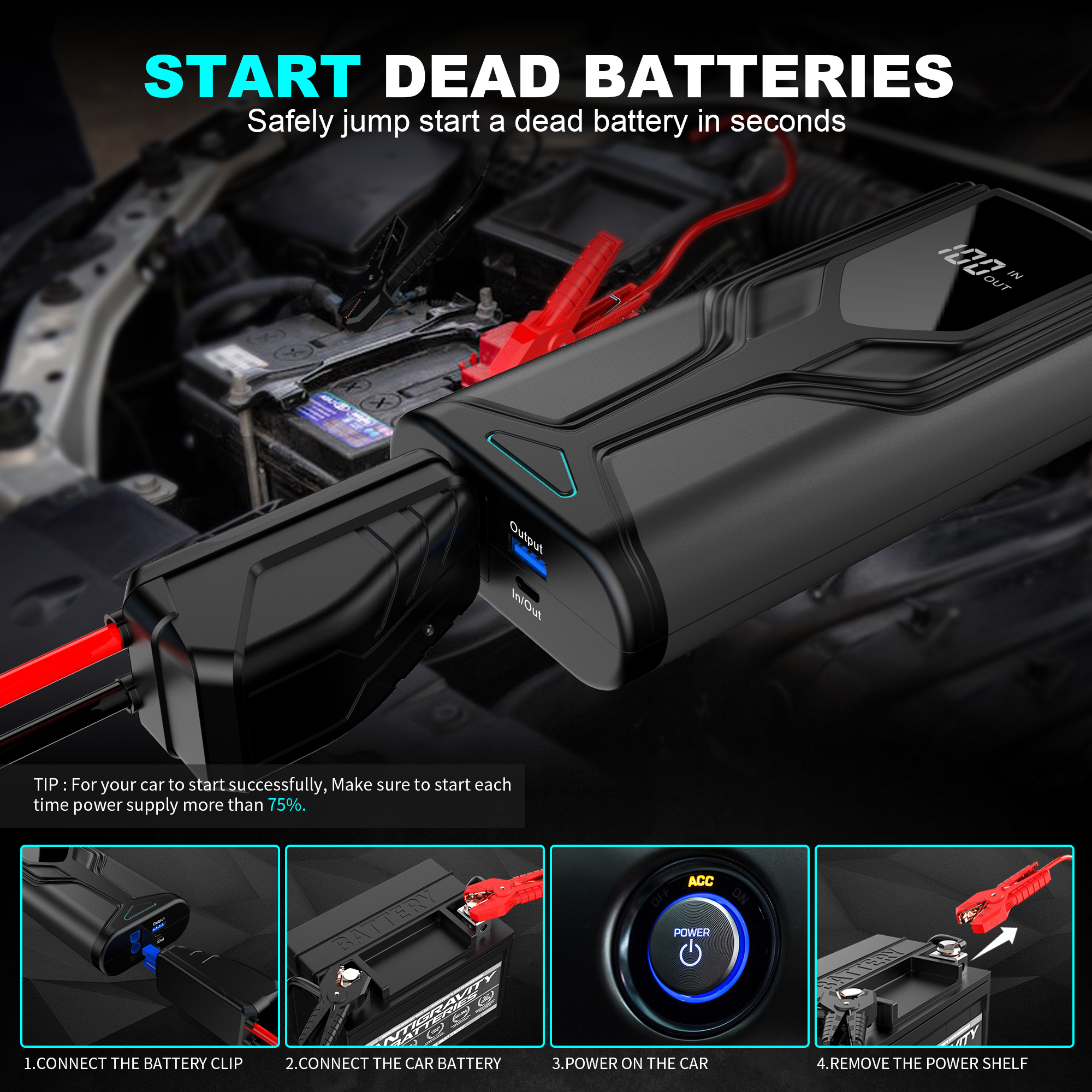 CY62 5-in-1 Car Jump Starter 2000A with 8000mAh Battery, LCD Display & USB-C Fast Charging