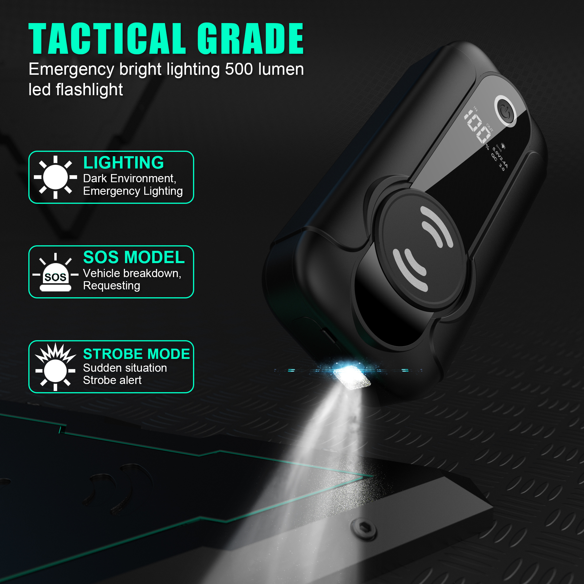 CY56 Car Battery Jump Starter Power Bank with 2000A Peak Current & 15W Wireless Charging System