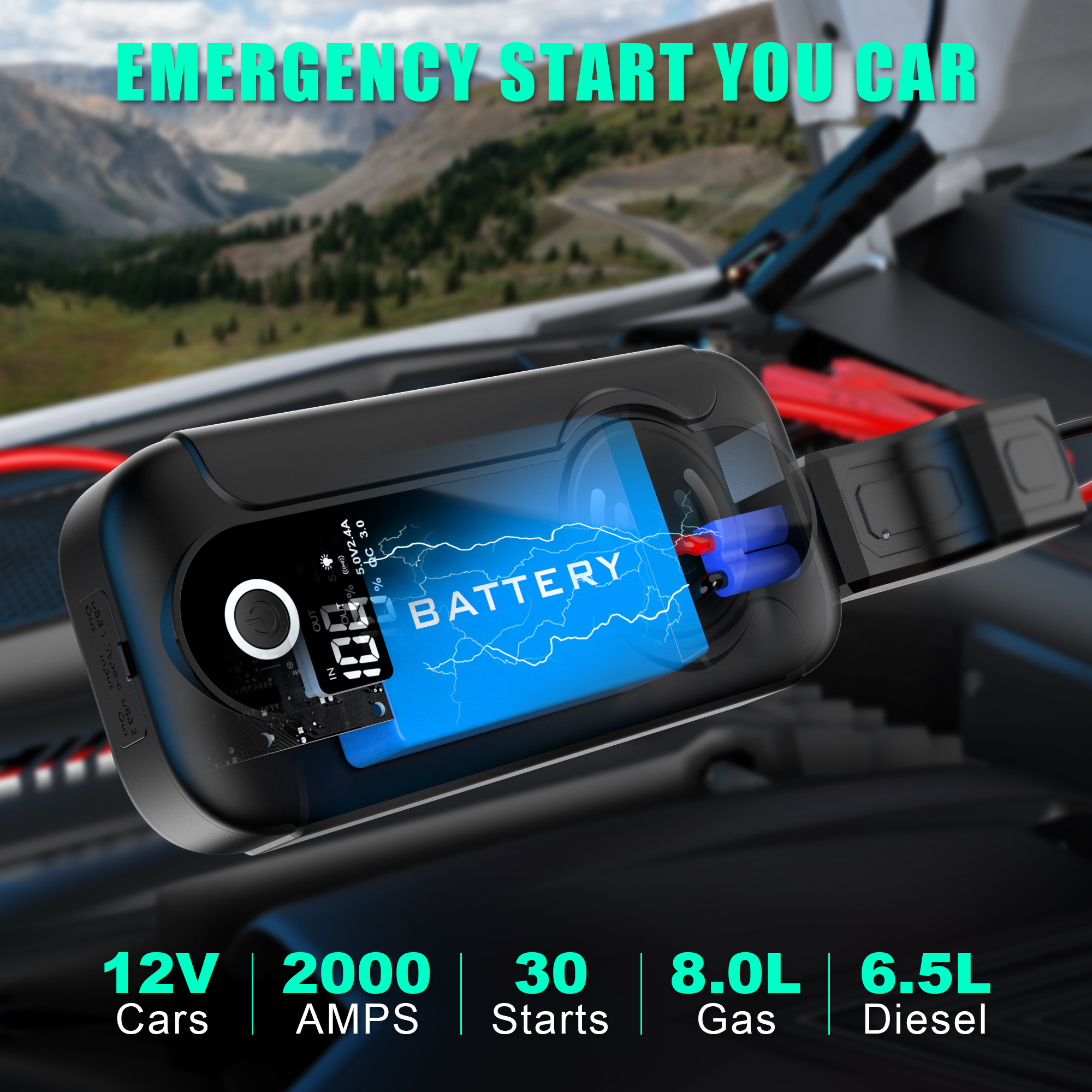 CY56 Car Battery Jump Starter Power Bank with 2000A Peak Current & 15W Wireless Charging System