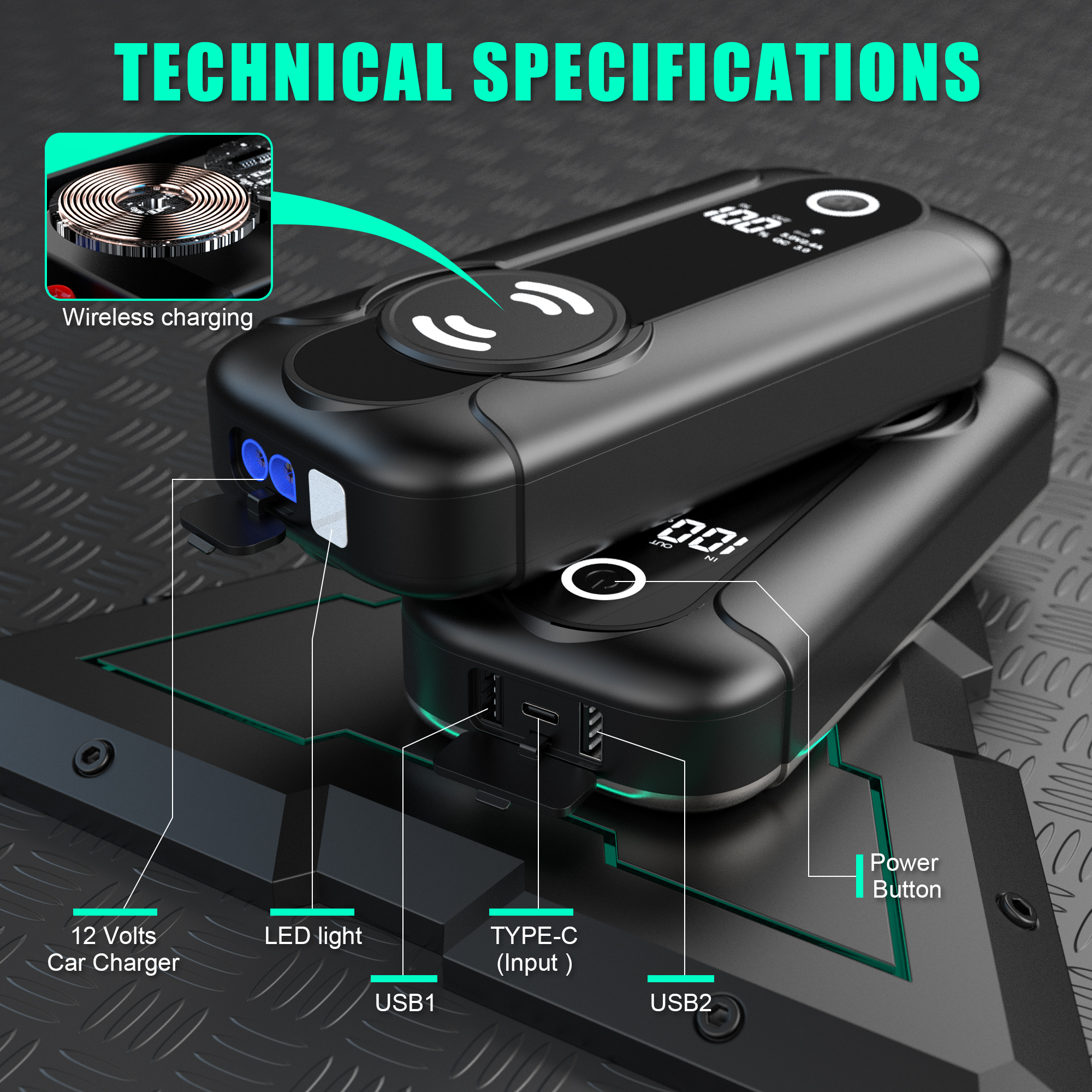 CY56 Car Battery Jump Starter Power Bank with 2000A Peak Current & 15W Wireless Charging System