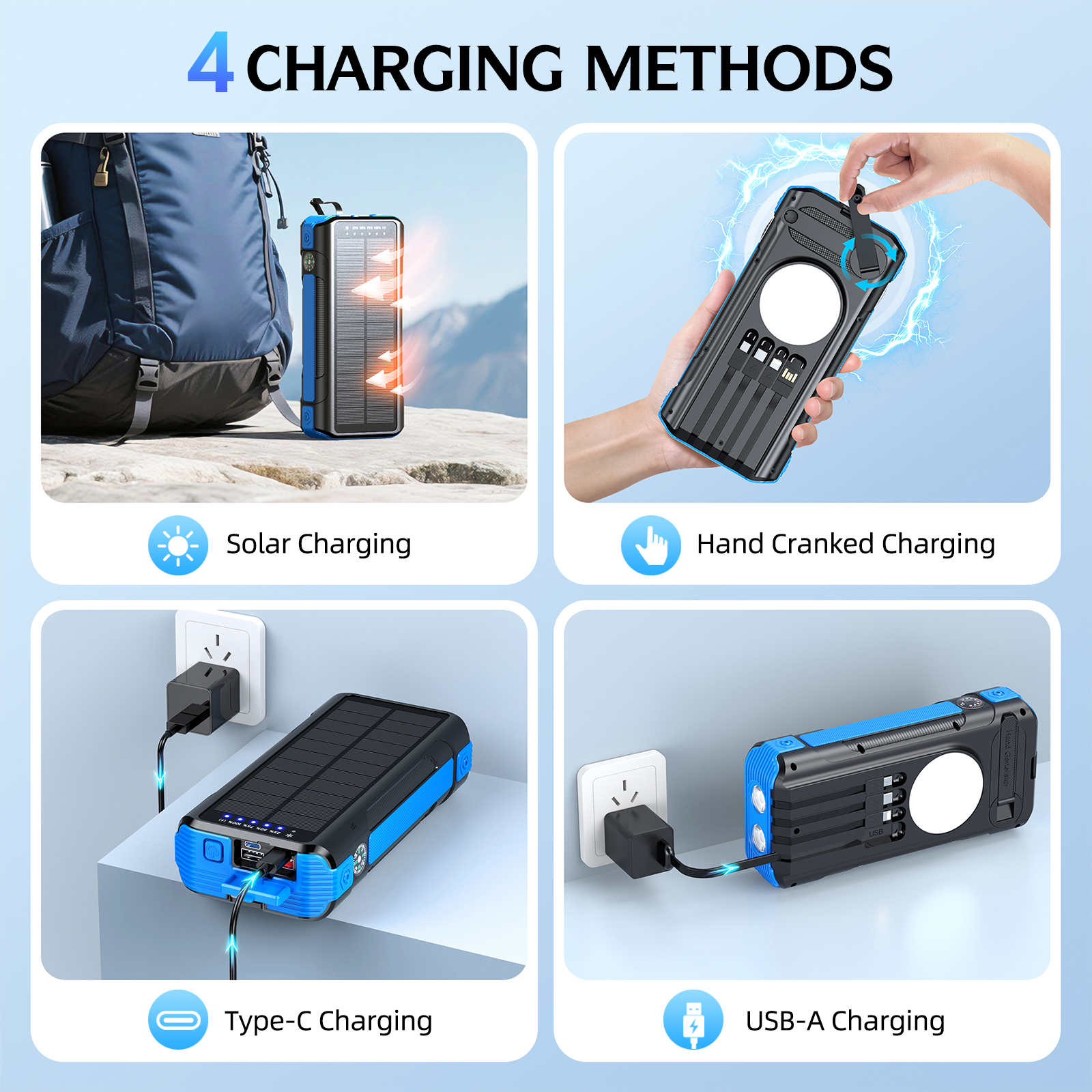 912 Solar Hand Crank Power Bank PD22.5W with Built-in Cables & SOS Emergency Light