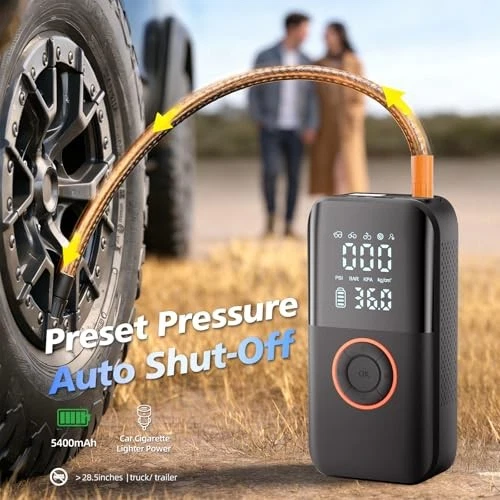 D04 Portable Car Air Pump 12V Cordless Tire Inflator with Digital LCD Display (150PSI)