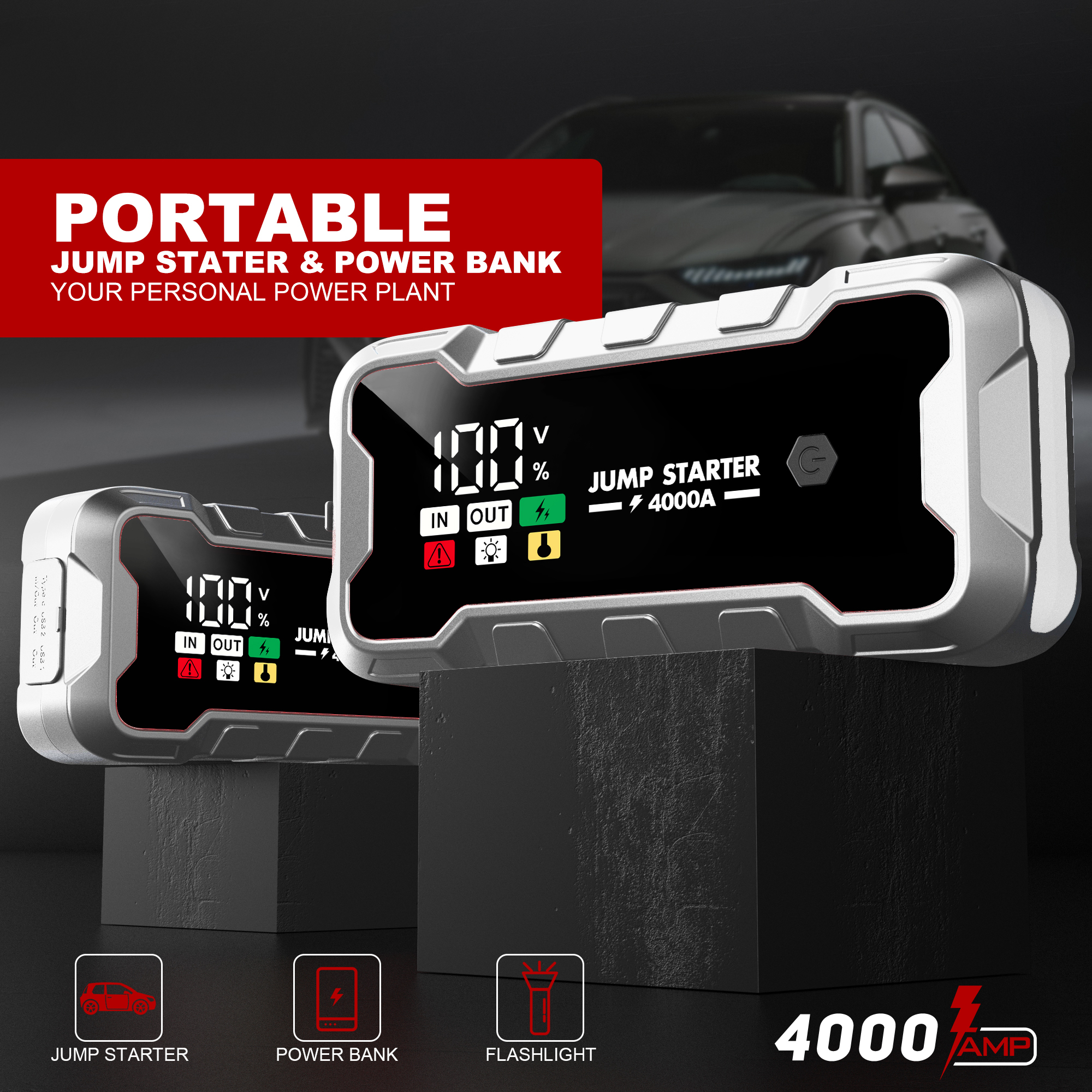 JY07 Super Capacitor Car Jump Starter 4000A Portable Booster with Digital LCD Display