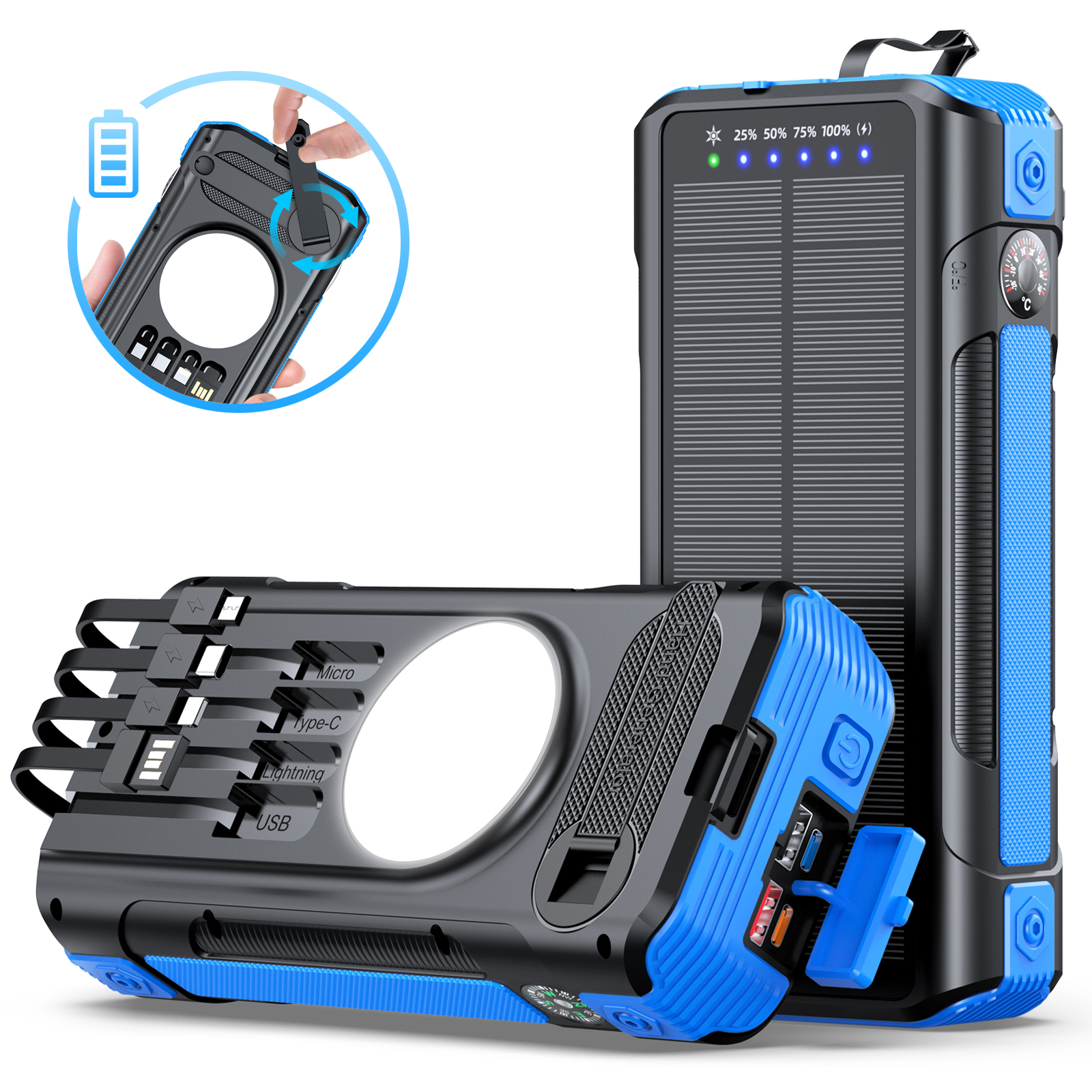 912 Solar Hand Crank Power Bank PD22.5W with Built-in Cables & SOS Emergency Light