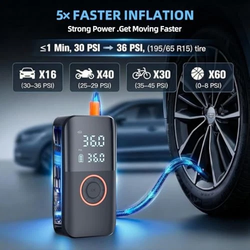 D04 Portable Car Air Pump 12V Cordless Tire Inflator with Digital LCD Display (150PSI)