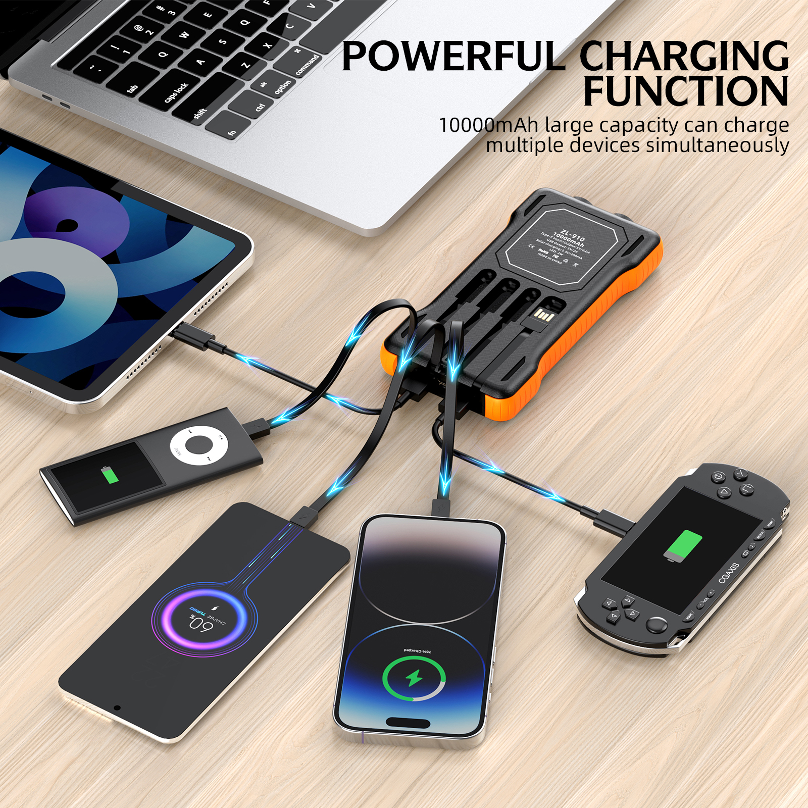 P12AD Solar Power Bank 50000mAh with Wireless Charging & Dual Foldable Solar Panels