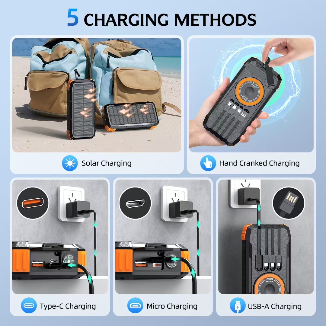 HS43 Solar Hand Crank Power Bank with LED Torch (35W Fast Charging)