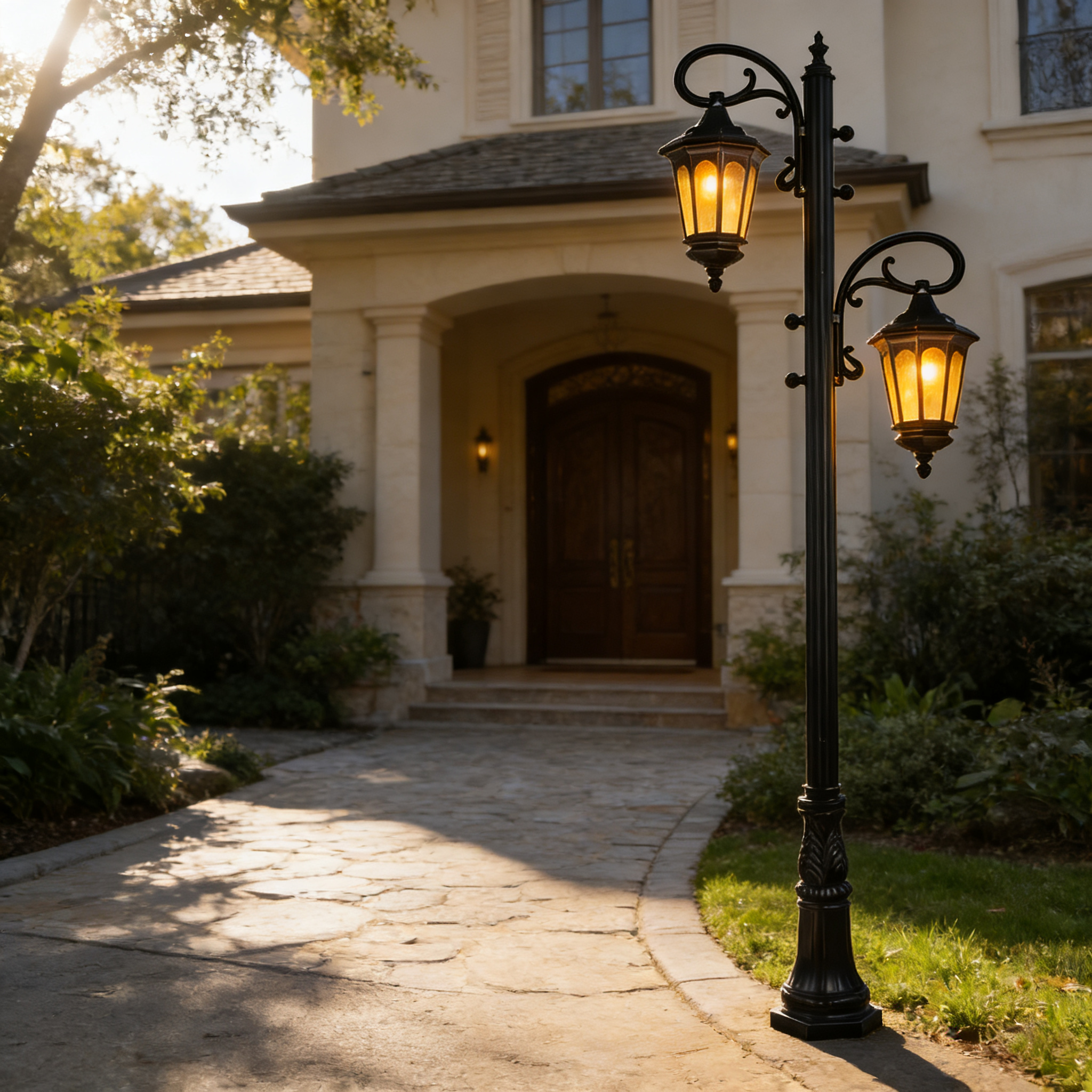 Outdoor Easy Installation LED Two Heads Garden Pole Light for Yard, Walkway, & Backyard