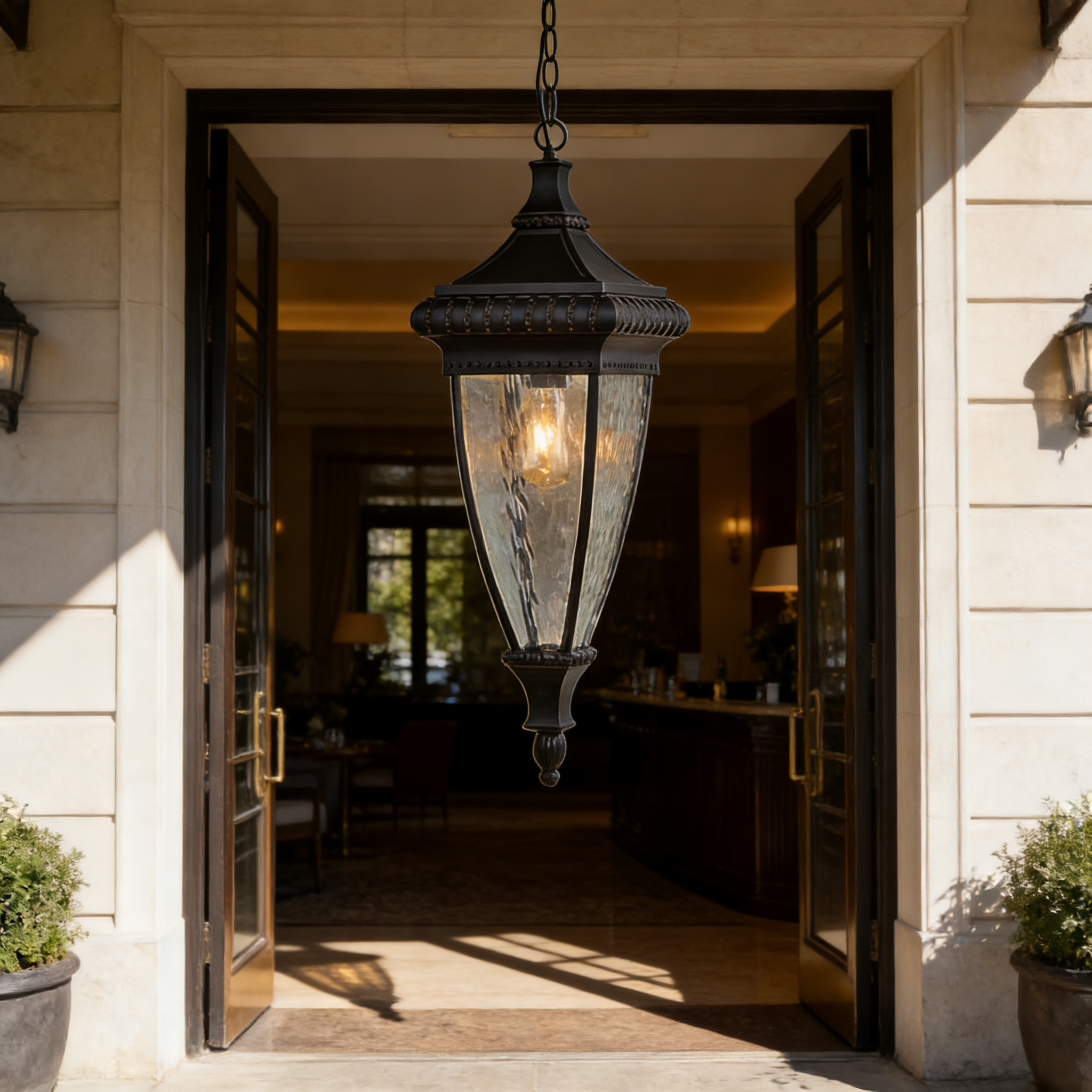 Durable Black Metal Modern Farmhouse Outdoor Pendant Lamp for Garden, Balcony, & Villa Entry