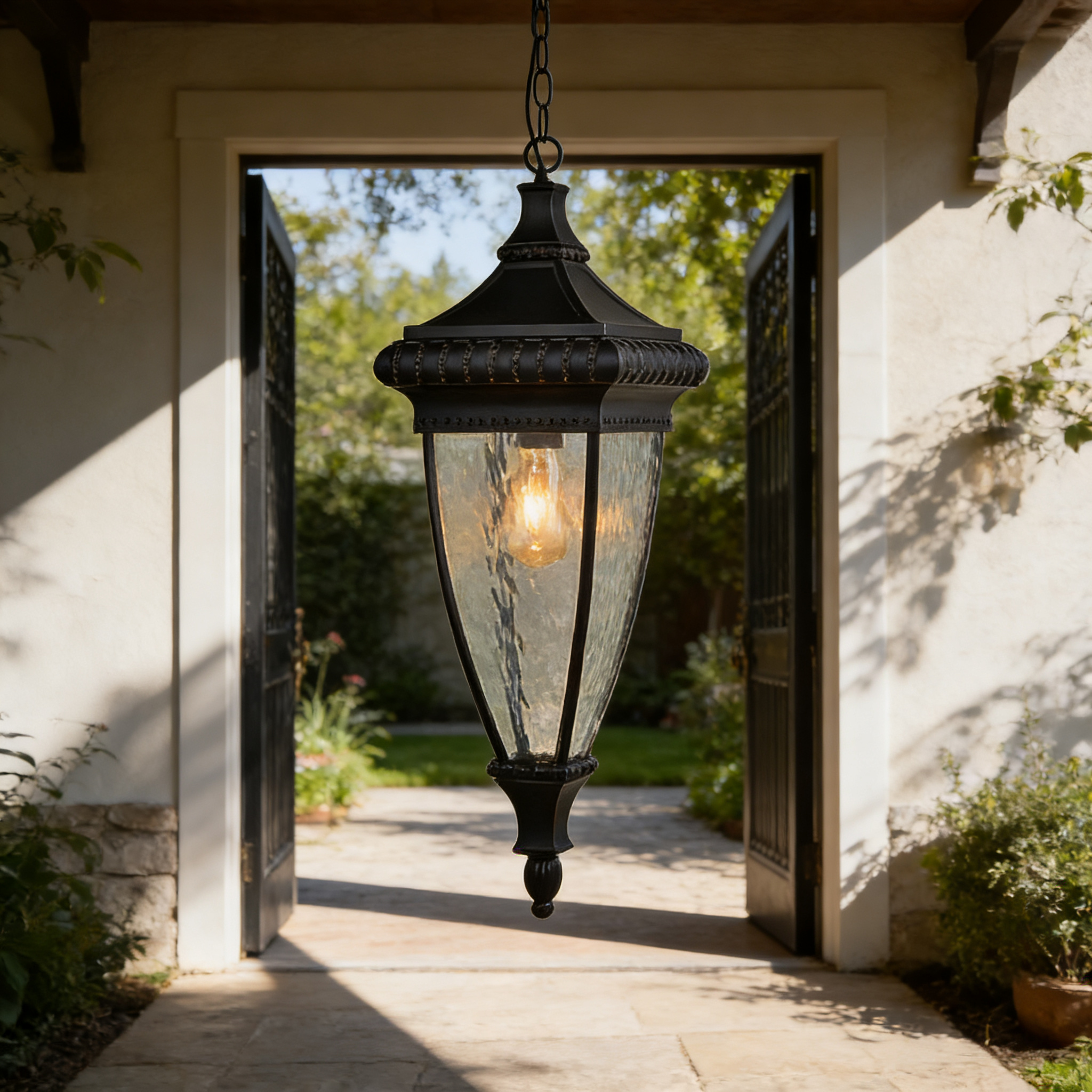 Durable Black Metal Modern Farmhouse Outdoor Pendant Lamp for Garden, Balcony, & Villa Entry