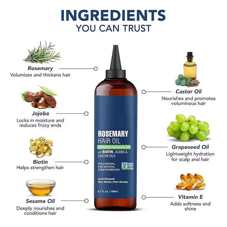 FDA OEM 100% Pure Rosemary Oil for Scalp Health Hair Growth Oil Infused with Jojoba Castor Oil Nourishing Volumizing Hair Serum
