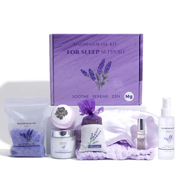 Custom Magnesium Cream Magnesium Oil Spray Magnesium Bath Flakes Gift Set for Feet, Sleep, Muscle Pain & Cramps Lavender Scent