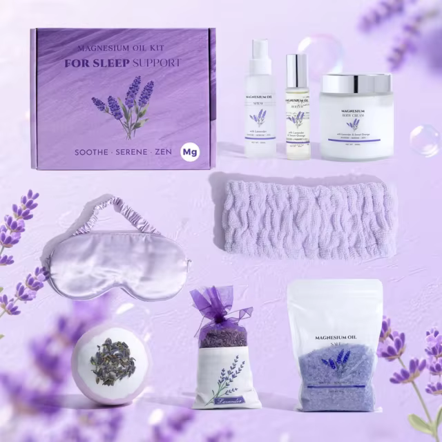 Custom Magnesium Cream Magnesium Oil Spray Magnesium Bath Flakes Gift Set for Feet, Sleep, Muscle Pain & Cramps Lavender Scent