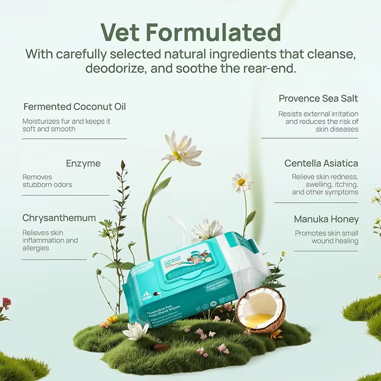GMP Factory Hypoallergenic Cleaning Deodorizing Wipes for Dog Soothing Anal Gland Infections Thick Flushable Pet Wipes for Butt