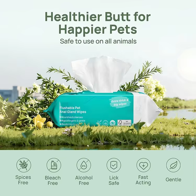 GMP Factory Hypoallergenic Cleaning Deodorizing Wipes for Dog Soothing Anal Gland Infections Thick Flushable Pet Wipes for Butt