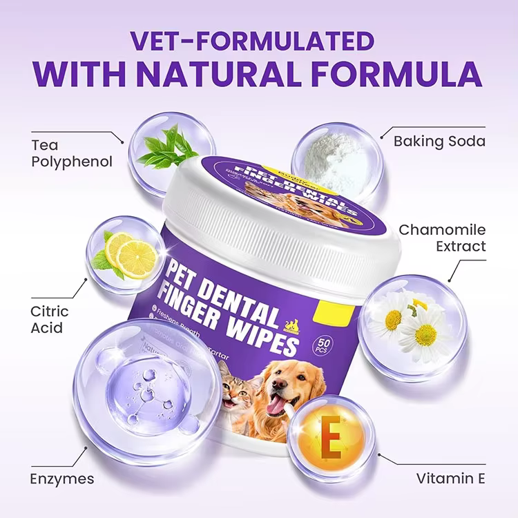 Private Label Pet Dental Finger Wipes Natural Ingredients with Enzyme to Remove Plaque Tartar Dogs Cats Teeth Cleaning Wipes