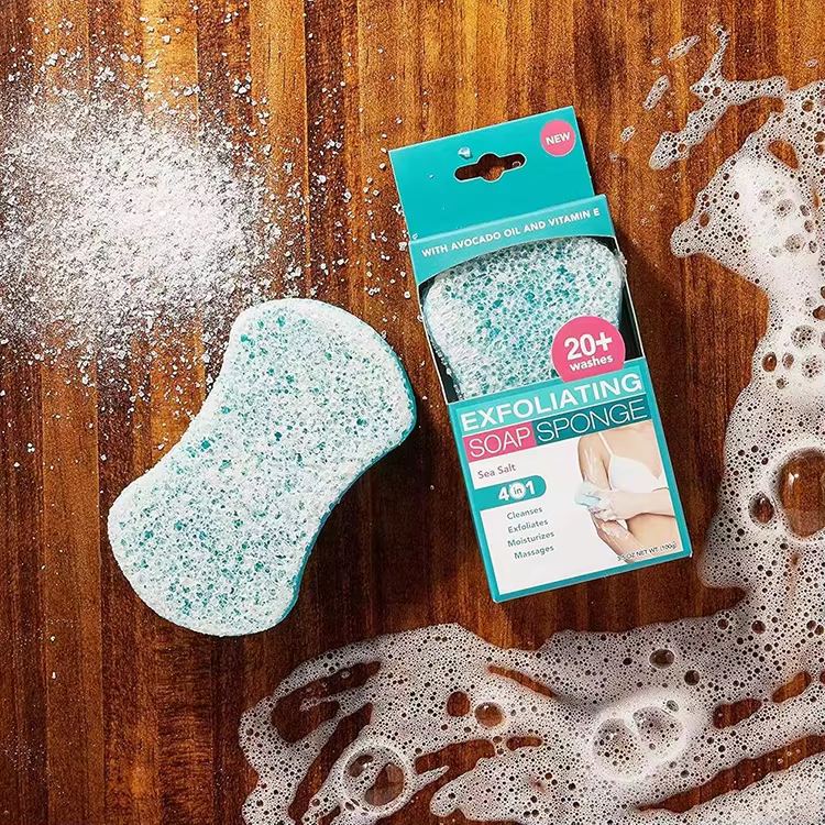 Private Label Body Wash Soap Sponge with Sea Salt Essence Oil for Daily Cleansing Buff Puff Style Bath Scrubber
