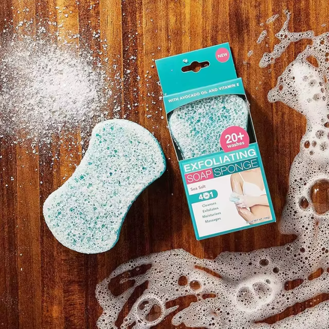 Private Label Body Wash Soap Sponge with Sea Salt Essence Oil for Daily Cleansing Buff Puff Style Bath Scrubber