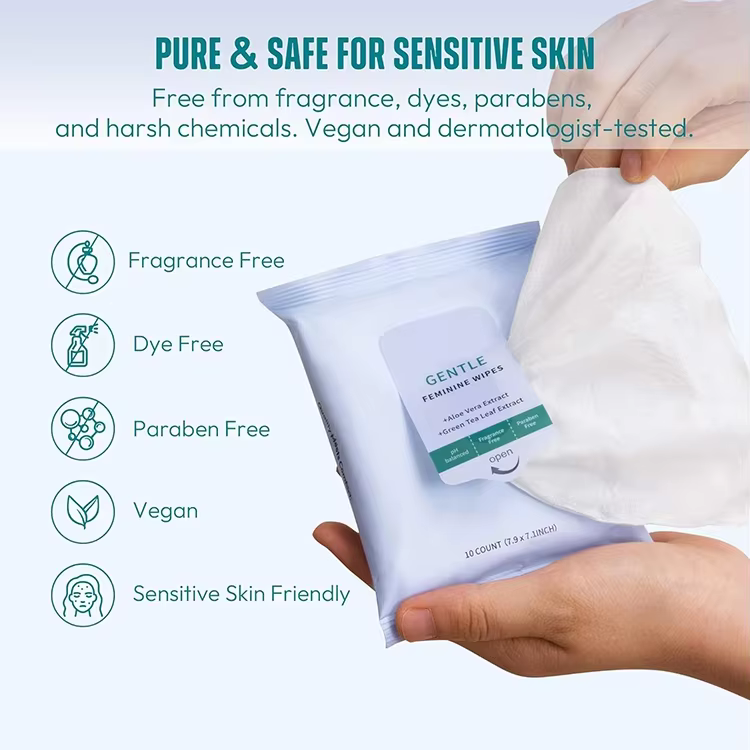 Private Label Feminine Wipes for Women pH Balanced Soft Gentle Soothing Flushable Personal Hygiene Wipes for Travel