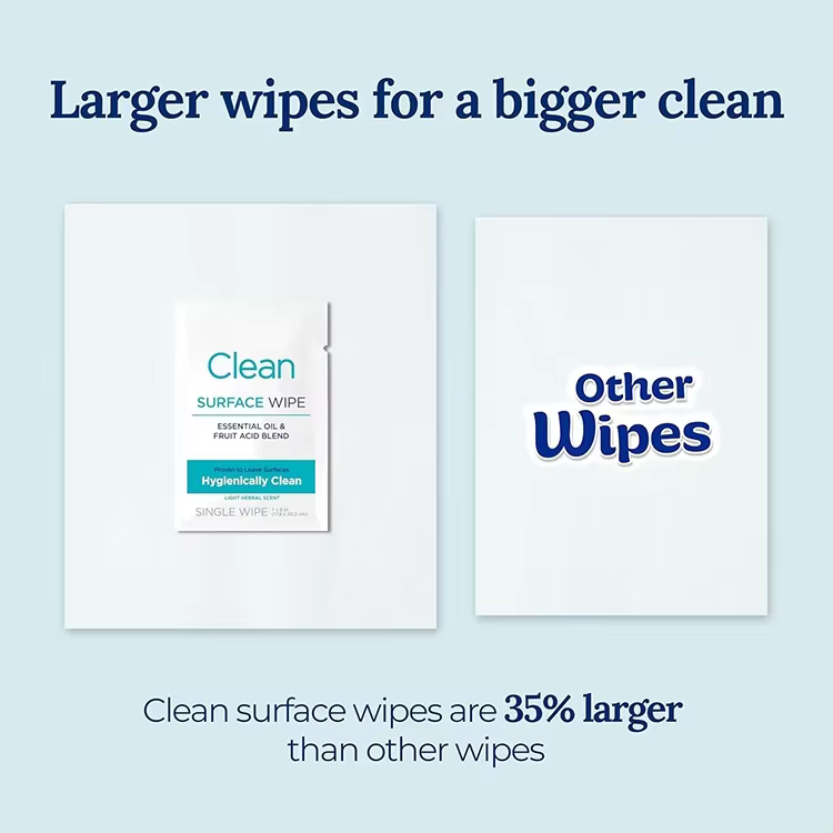 OEM Individually Wrapped Travel Cleaning Wipes All Purpose Deodorizing Freshening Cleaning Wipes with Herbal Essential Oils