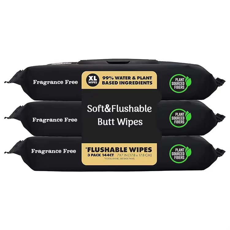 OEM Natural Flushable Wipes Extra-Large Adult Wet Wipes with Vitamin-E Aloe Vera Tea Tree Oils PH Balanced Butt Wipes