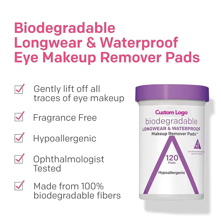 Custom Logo Gentle Eye Makeup Remover Wipes Sensitive Skin Natural Plant-Based Fiber Makeup Removal Pads Facial Cleansing Wipes