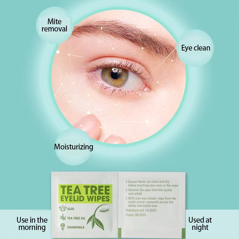 Custom Premium Purified Tea Tree Oil Eye Care Wipes Mite Removal Eyelid Cleansing Wipes for Kids Adults