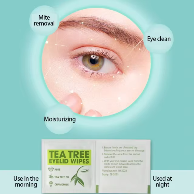 Custom Premium Purified Tea Tree Oil Eye Care Wipes Mite Removal Eyelid Cleansing Wipes for Kids Adults